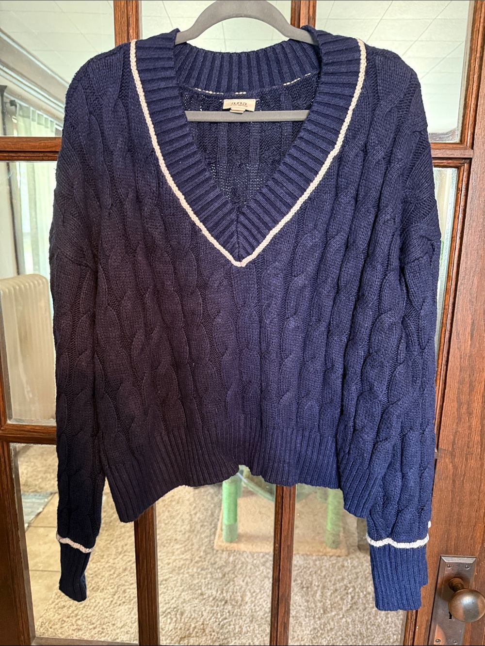 a.n.a Navy V-Neck Cable Knit Sweater with White Trim